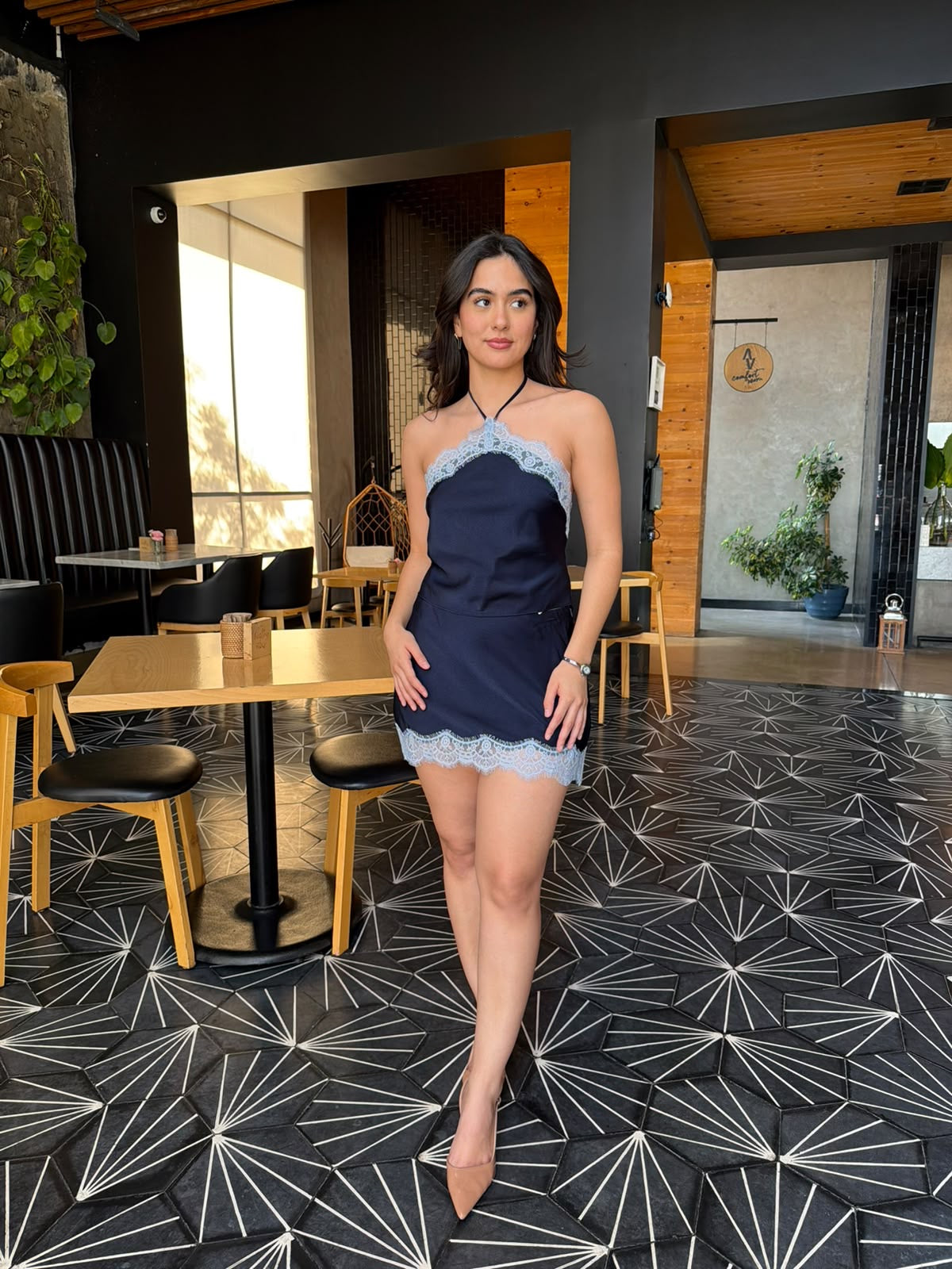 Conjunto Halter Satin/Encaje - Navy