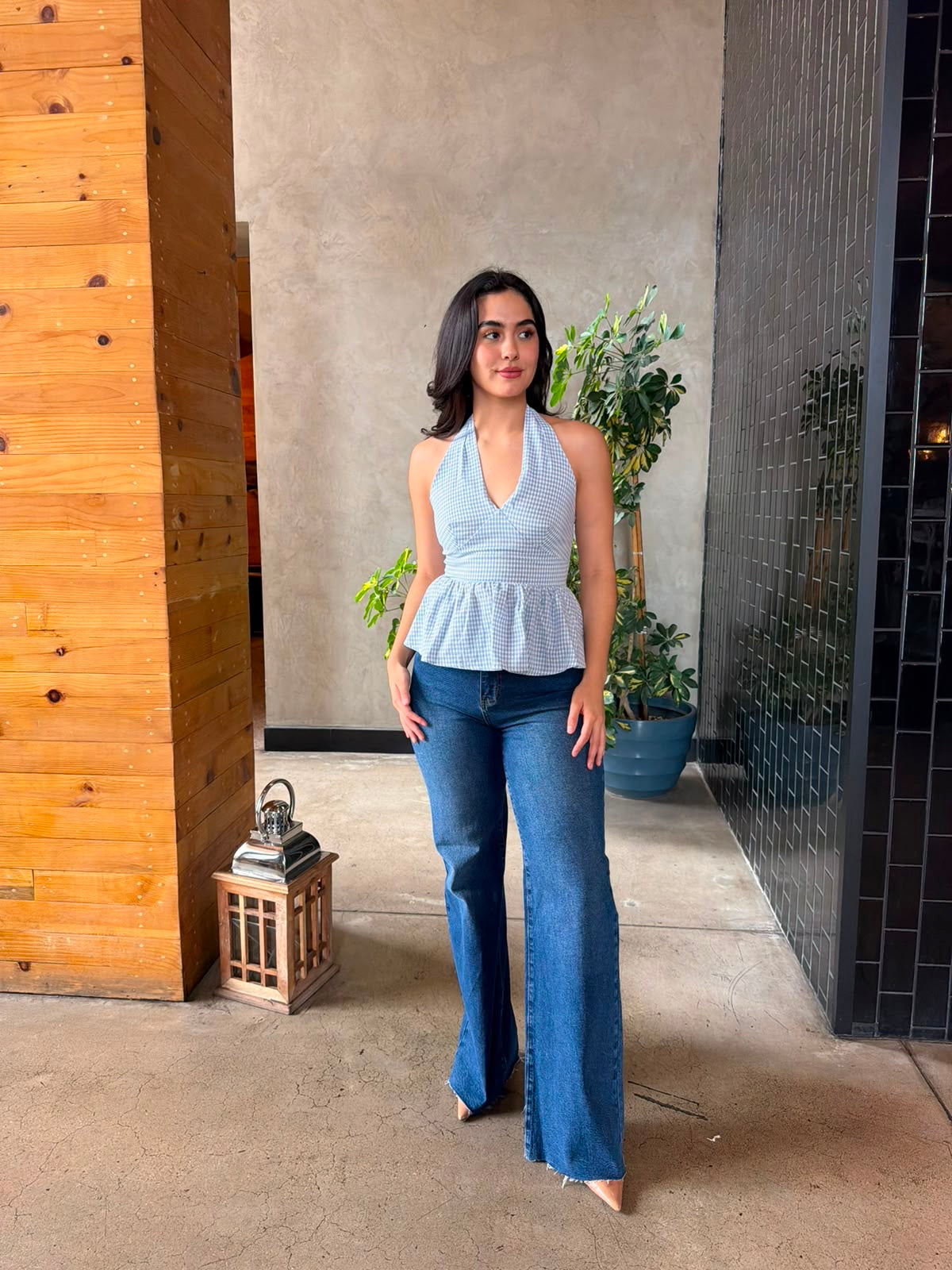 Blusa Halter Cuadritos - Azul Cielo