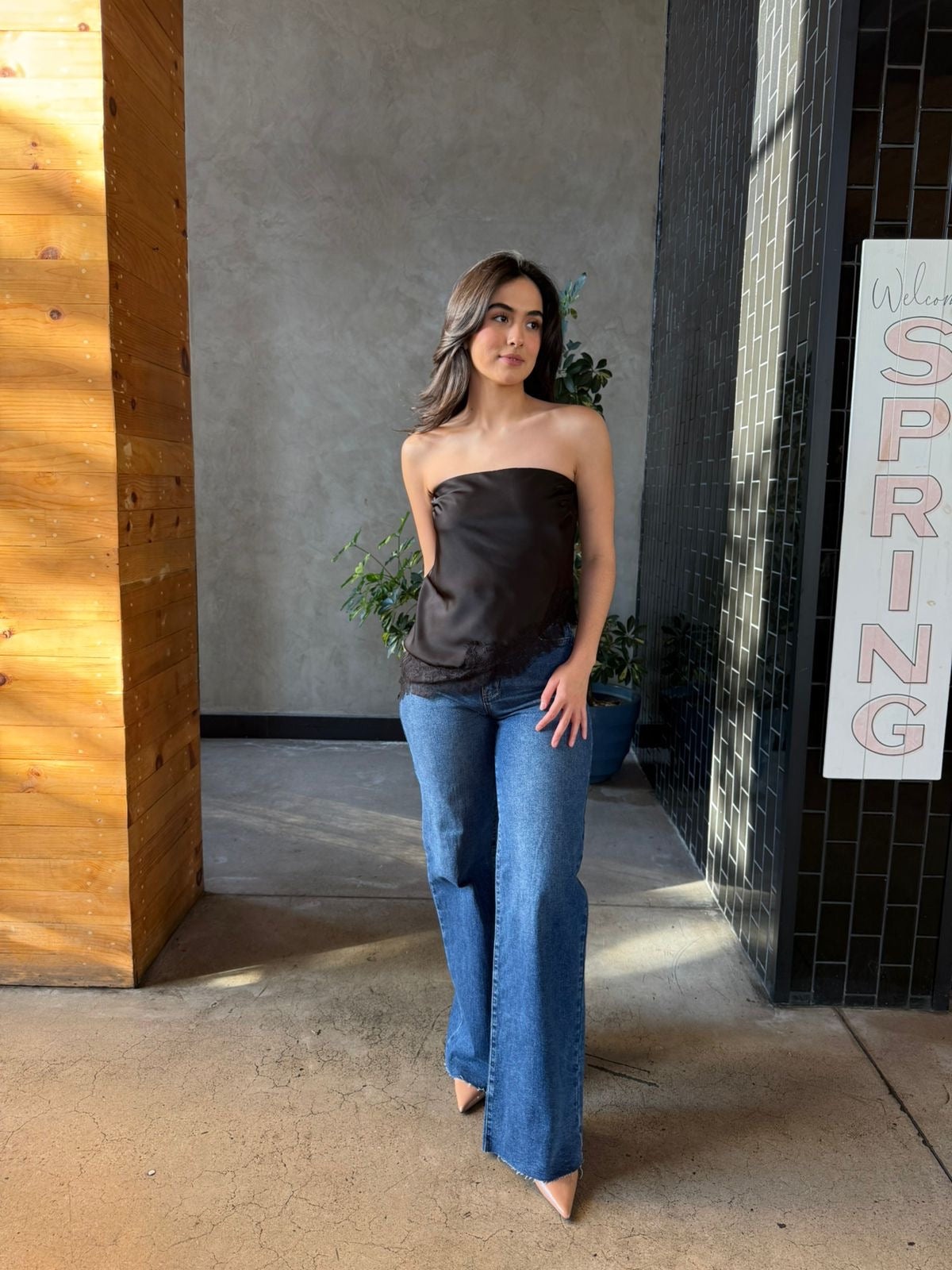 Blusa Strapless Satin Encaje