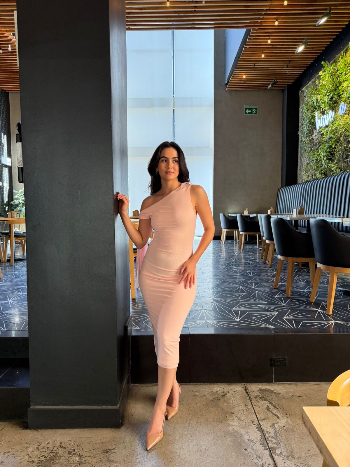 Vestido Midi Mesh un Hombro - Rosa