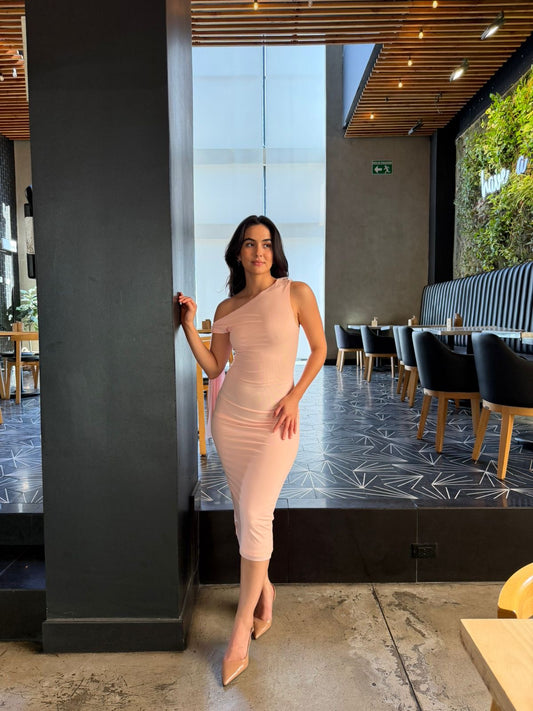Vestido Midi Mesh un Hombro - Rosa