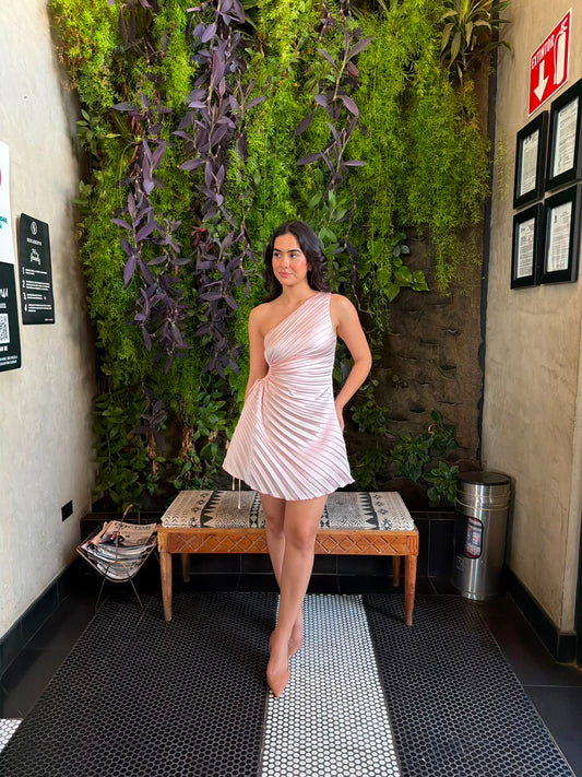 Vestido Plisado un Hombro - Rosa