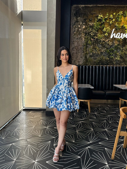 Vestido Bombacho Flores Azules