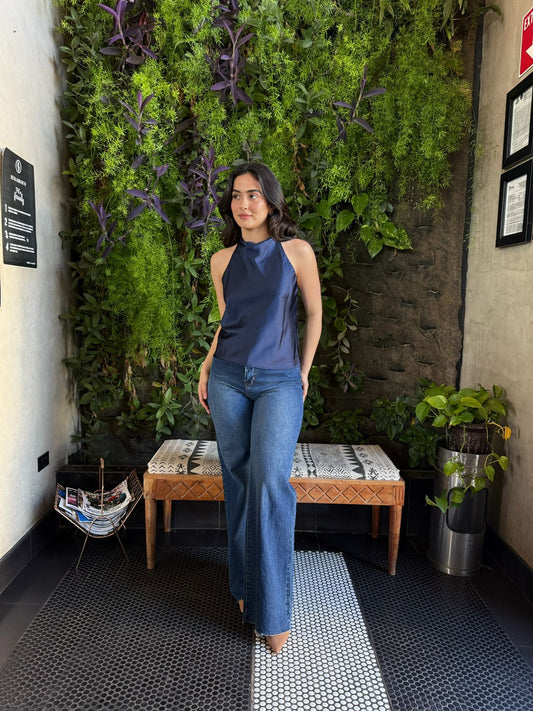 Blusa Halter Satinada Lisa Navy